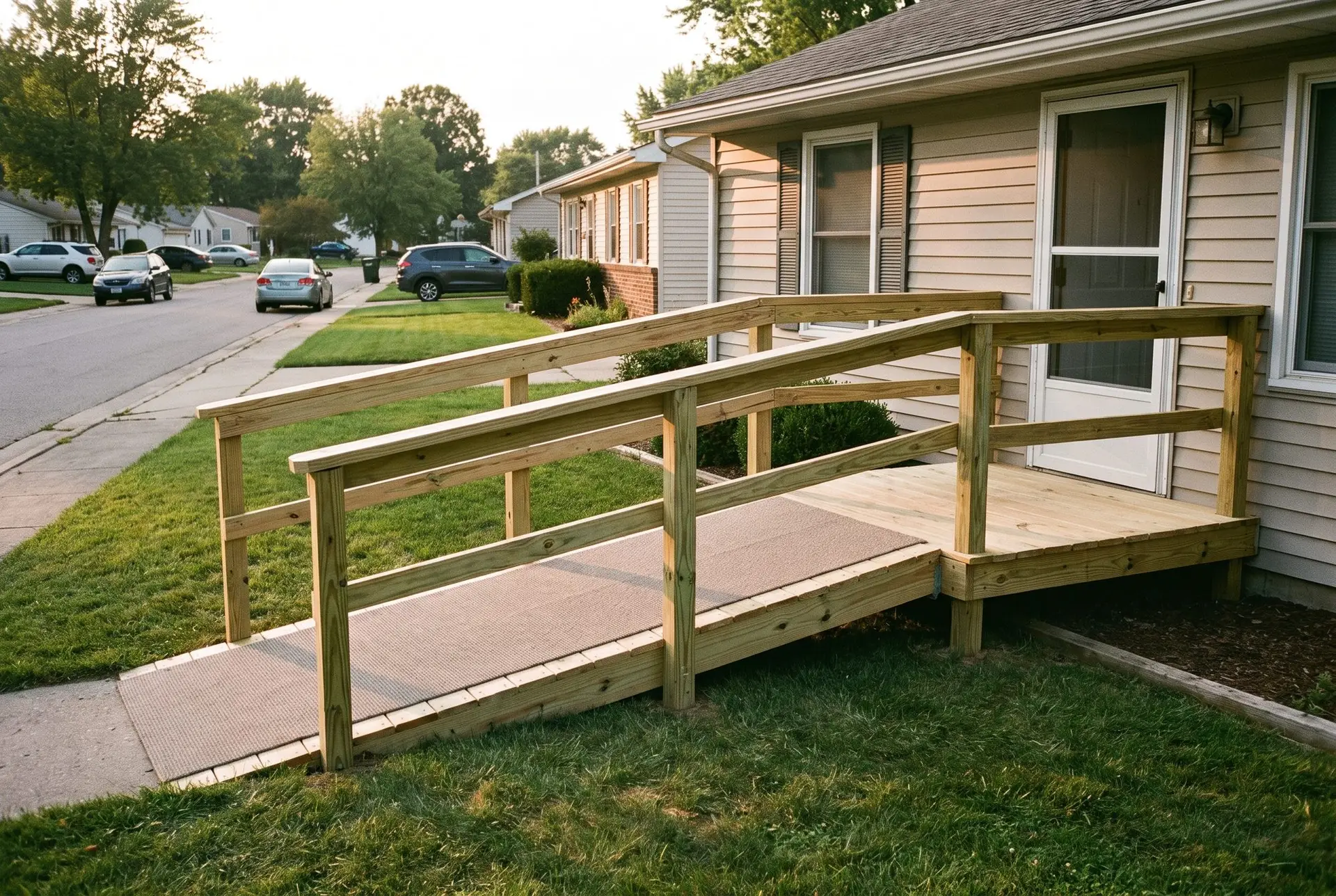 A newly built wooden accessibility ramp with handrails leading to the front door of a single-story home