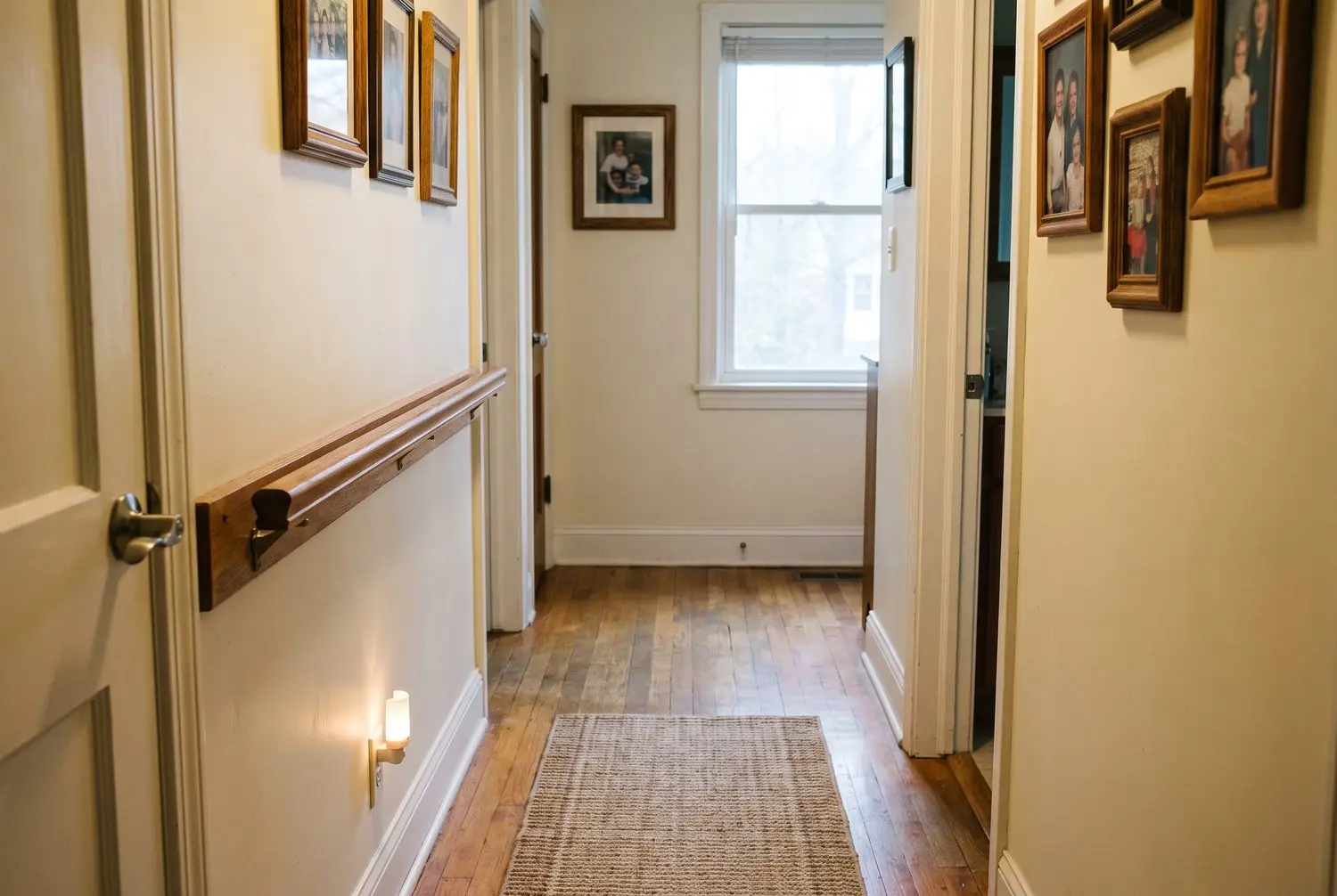 A home hallway adapted for aging in place: a wall-mounted handrail, a low nightlight, a lever door handle and a flat threshold