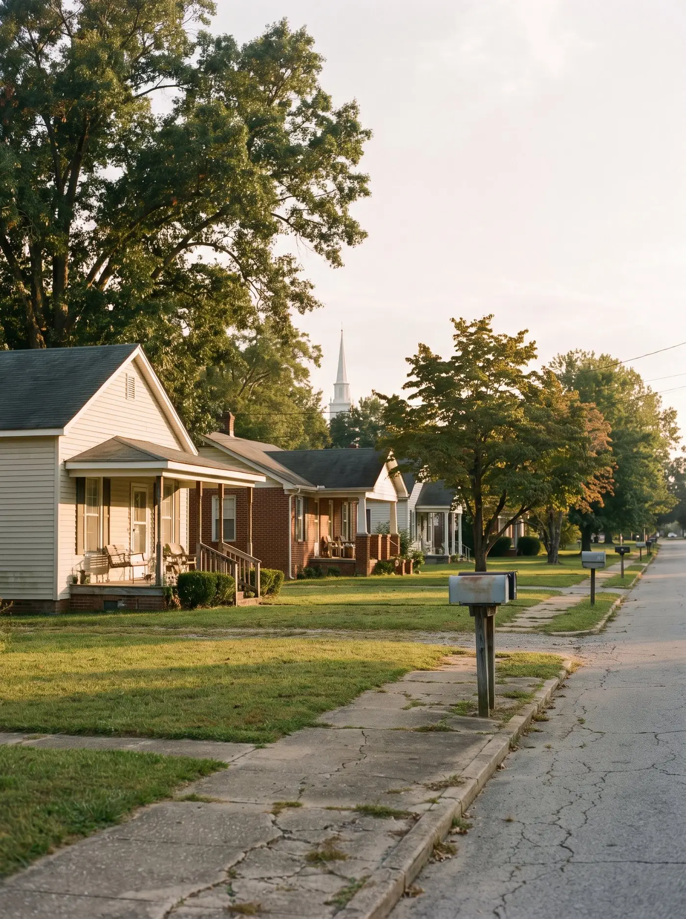 A quiet street of modest single story houses with front porches and mailboxes in late afternoon light, a church steeple in the distance