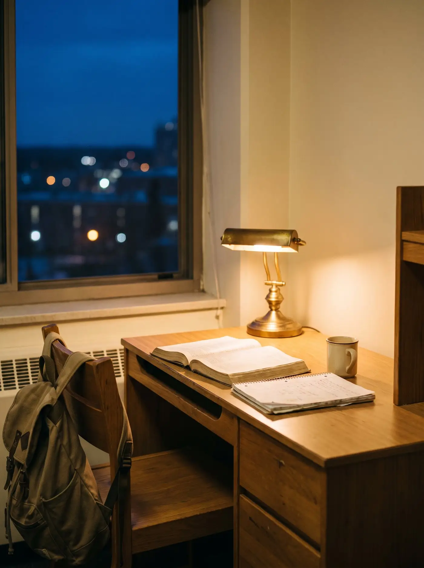 A student desk beside a window at night, an open textbook and notebook under a lit brass lamp, a backpack over the chair